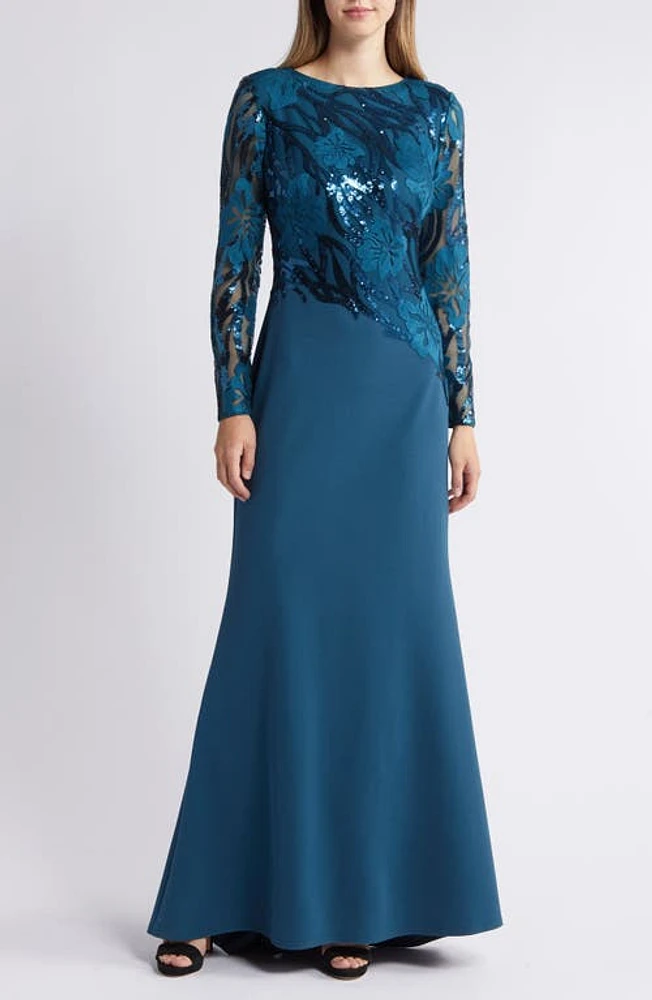 Tadashi Shoji Sequin Bodice Long Sleeve Gown Eclipse at Nordstrom,