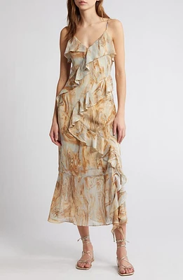 MOON RIVER Marble Print Ruffle Midi Dress Beige Multi at Nordstrom,