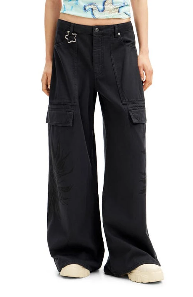 Desigual Queens Collina Wide Leg Cargo Pants Black at Nordstrom,