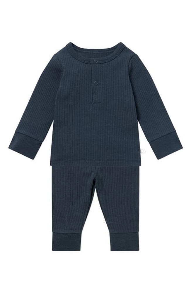 MORI Rib Fitted Two-Piece Pajamas in Ribbed Navy at Nordstrom