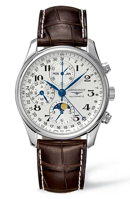 Longines Master Automatic Chronograph Leather Strap Watch, 40mm in Brown/Silver at Nordstrom