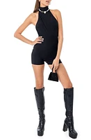 EDIKTED Annie Halter Neck Rib Romper Black at Nordstrom,