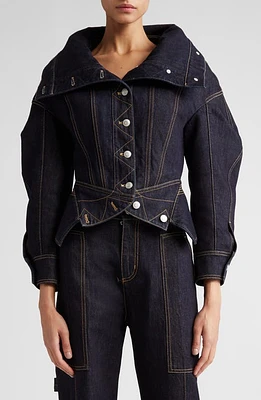 Alexander McQueen Funnel Neck Denim Jacket in 4485 Cold Wash at Nordstrom, Size 0 Us