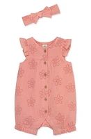 Little Me Cotton Eyelet Romper & Headband Set Orange at Nordstrom,