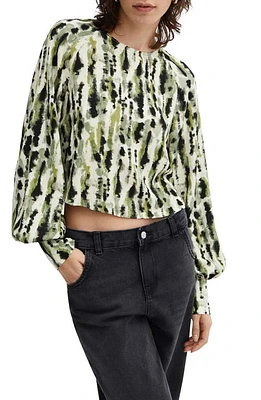 MANGO Leonor Print Long Sleeve Woven Top Green/Light Beige at Nordstrom,