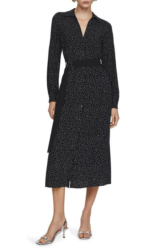 MANGO Apple Belted Long Sleeve Midi Dress Black at Nordstrom,