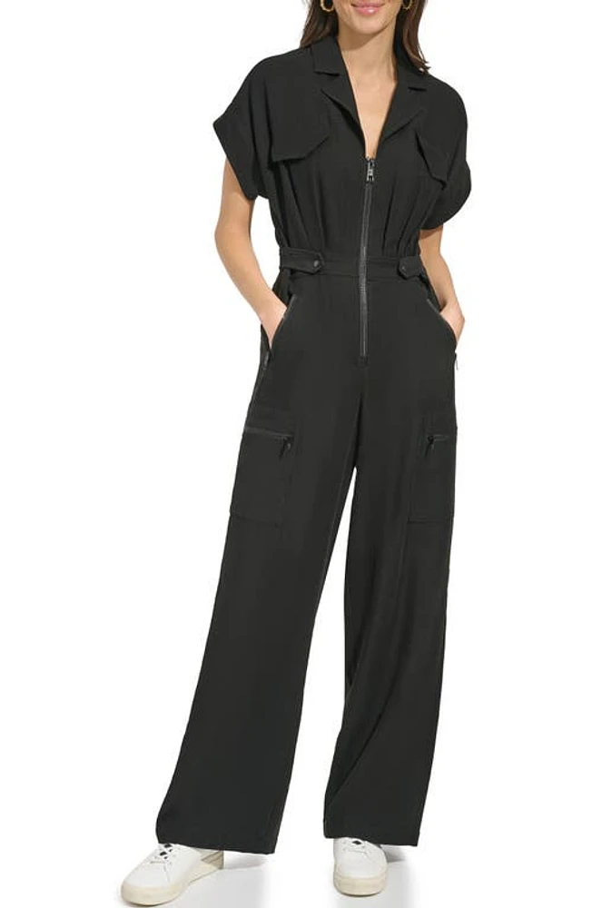 DKNY Front Zip Twill Jumpsuit Black at Nordstrom,