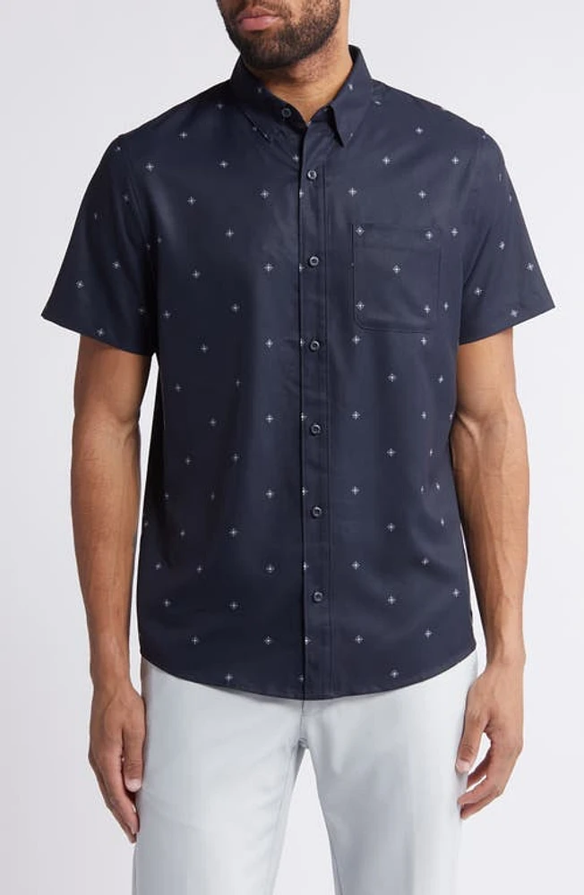 TravisMathew Olive Branch Geo Print Short Sleeve Button-Up Shirt Total Eclipse at Nordstrom,