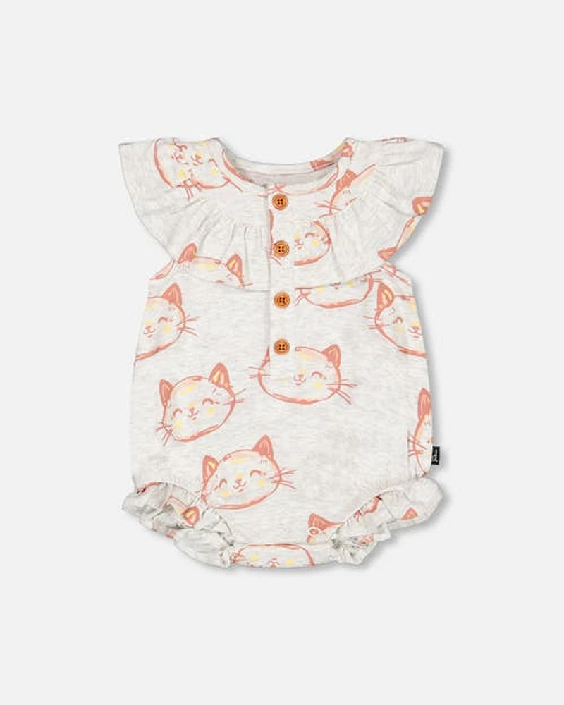 Deux Par Deux Baby Girl's Organic Cotton Romper Heather Beige With Printed Cat in Heather Beige Printed Cat at Nordstrom