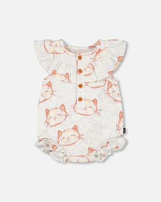 Deux Par Deux Baby Girl's Organic Cotton Romper Heather Beige With Printed Cat in Heather Beige Printed Cat at Nordstrom