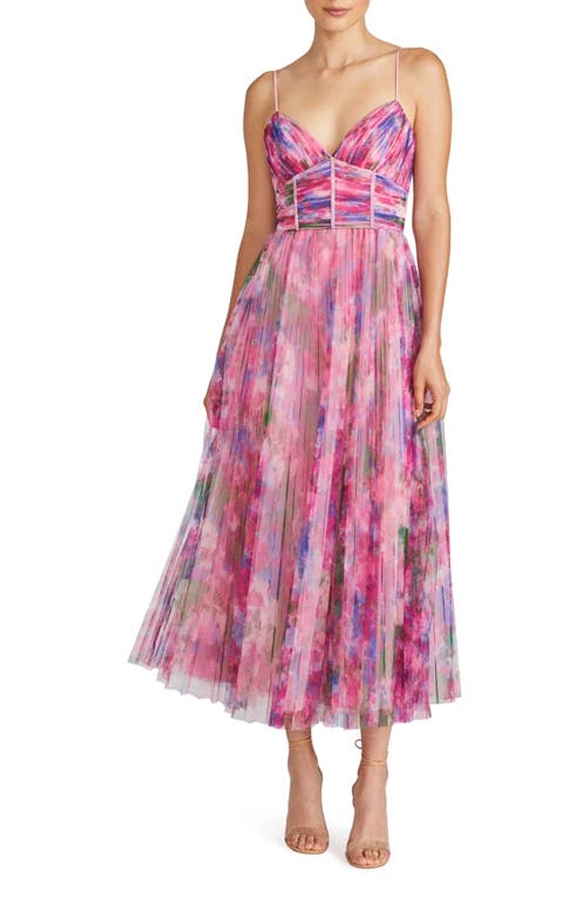 ML Monique Lhuillier Madison Floral Plissé Tulle Midi Cocktail Dress Waterlily at Nordstrom,