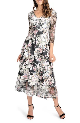 Komarov Lace Sleeve Charmeuse Midi Dress Blooming Vine at Nordstrom,