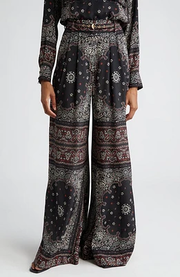 Zimmermann Bandana Print Pleated Wide Leg Pants Black at Nordstrom,