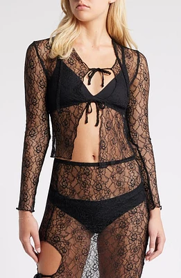 NASTY GAL Floral Lace Tie Front Cardigan Black at Nordstrom,