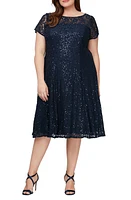 SLNY Embellished Short Sleeve Midi Dress Navy at Nordstrom,