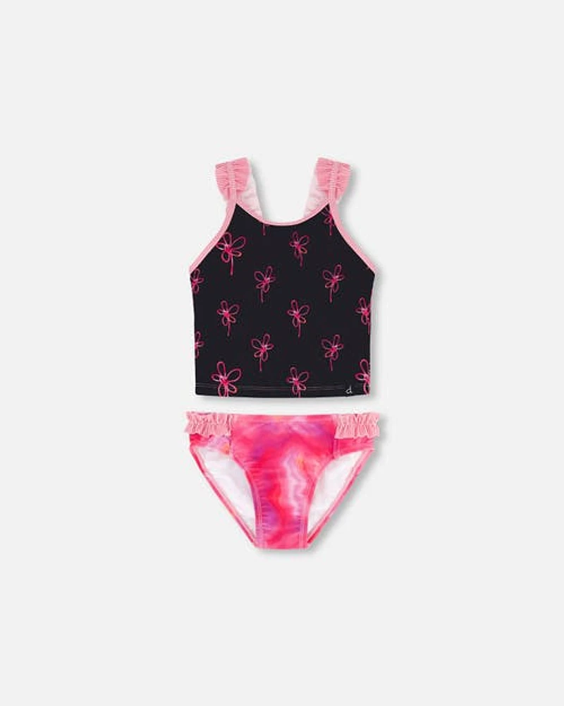 Deux Par Deux Little Girl's Two Piece Swimsuit Black Printed Swirl Flowers at Nordstrom