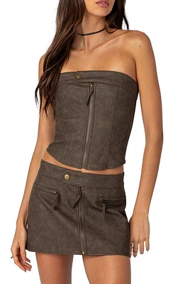 EDIKTED Ziva Faux Leather Strapless Corset Top Brown at Nordstrom,