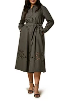 Marina Rinaldi Embroidered Belted Long Sleeve Cotton Poplin Shirtdress Khaki at Nordstrom,