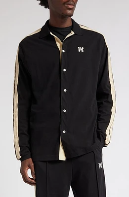 Palm Angels Monogram Linen Button-Up Polo Track Shirt in Black Off at Nordstrom, Size Small