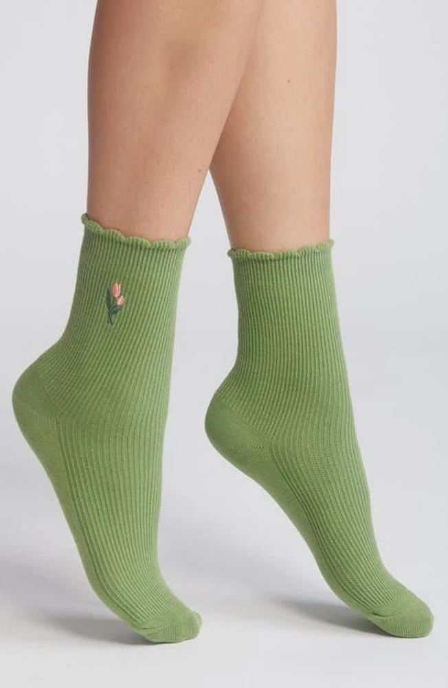 Casa Clara Embroidered Cotton Crew Socks in Sage at Nordstrom