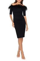 Xscape Evenings Feather Trim Off the Shoulder Scuba Sheath Dress in Black at Nordstrom, Size 8