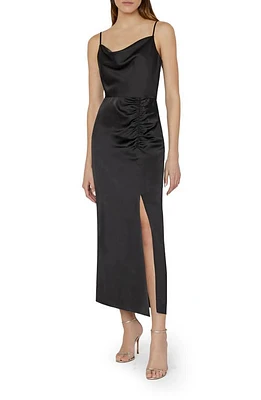 Milly Lilliana Ruched Satin Midi Slipdress Black at Nordstrom,