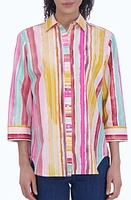 Foxcroft Watercolor Stripe Non-Iron Cotton Button-Up Shirt Multi at Nordstrom,