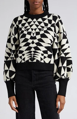 FARM Rio Heart Deco Jacquard Balloon Sleeve Sweater Black at Nordstrom,