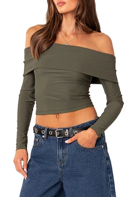 EDIKTED Brea Foldover Off the Shoulder Long Sleeve Crop Top Olive at Nordstrom,