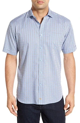 Thomas Dean Dobby Check Short Sleeve Sport Shirt in Blue at Nordstrom, Size Large