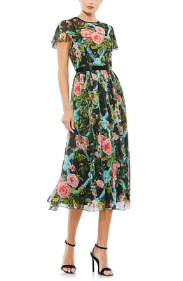 Mac Duggal Floral Chiffon Midi Dress Black Multi at Nordstrom,