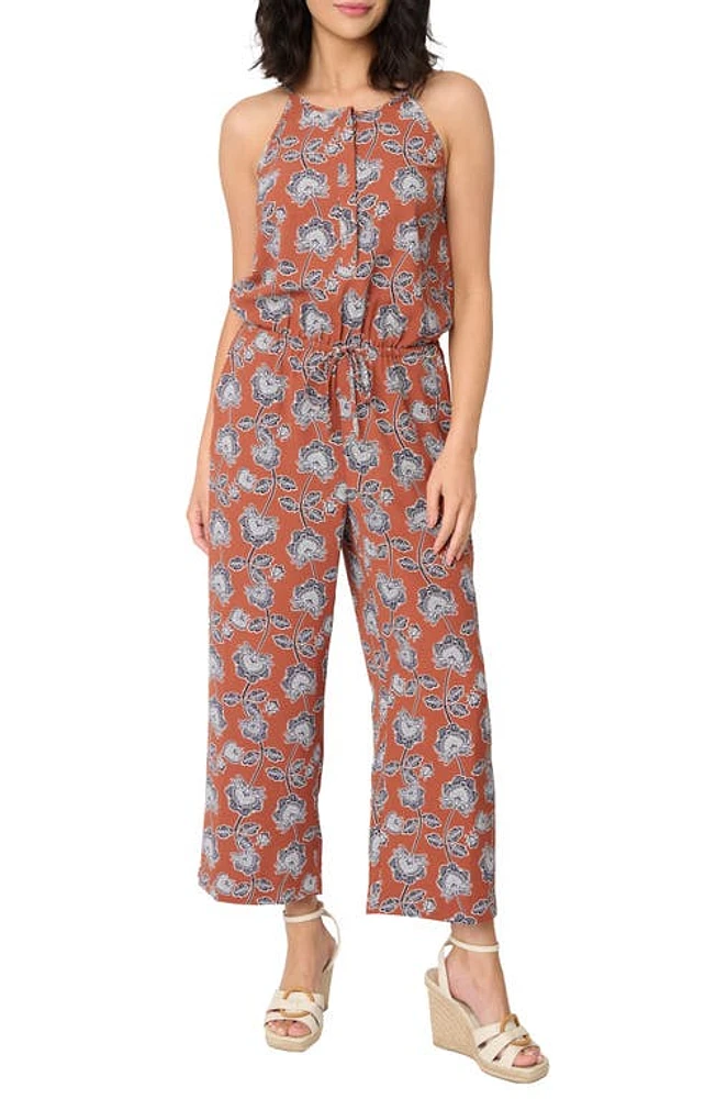 GIBSONLOOK Villa Mia Sleeveless Henley Jumpsuit Toasted Cinnamon Poppy Print at Nordstrom,