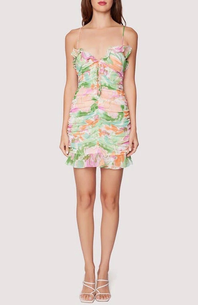 Lost + Wander Painterly Love Ruched Ruffle Mini Sundress Green Multi Color at Nordstrom,