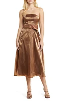 Lulus Chicly Stunning Belted Strapless Cocktail Midi Dress Shimmer Rust at Nordstrom,