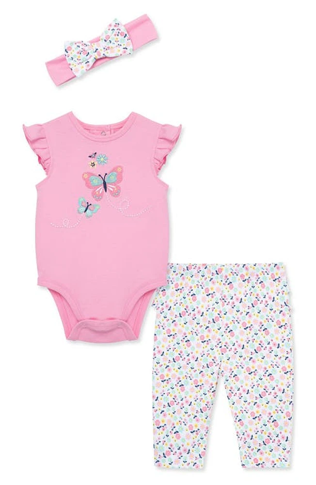 Little Me Butterfly Cotton Bodysuit, Leggings & Headband Set in Pink at Nordstrom, Size 9M