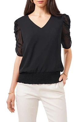 Chaus Puff Sleeve V-Neck Chiffon Top Black 29 at Nordstrom,