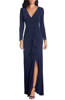 Betsy & Adam Cascade Ruffle Long Sleeve Stretch Jersey Gown Navy at Nordstrom,