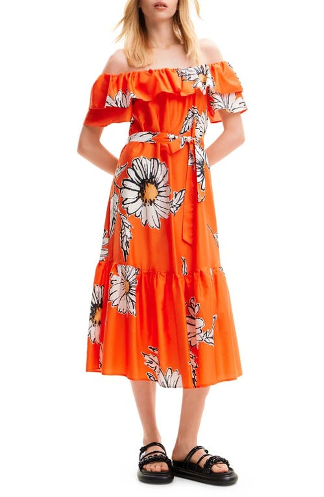 Desigual Daisy Ruffle Midi Dress Orange at Nordstrom,