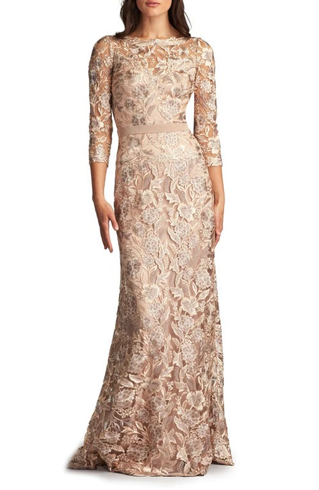 Tadashi Shoji Floral Embroidered Bateau Neck Gown Pebble at Nordstrom,