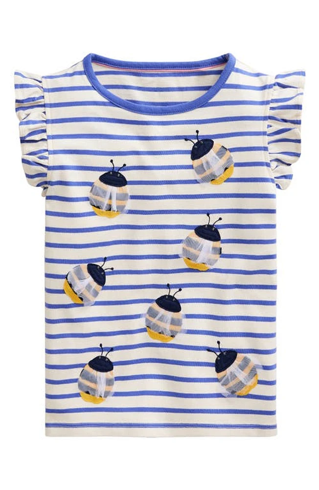 Mini Boden Kids' Appliqué Bee Flutter Sleeve Cotton T-Shirt Wisteria Blue/Vanilla Pod at Nordstrom,