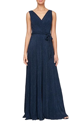 Alex Evenings Tie Waist Metallic Sleeveless Gown in Navy at Nordstrom, Size 14