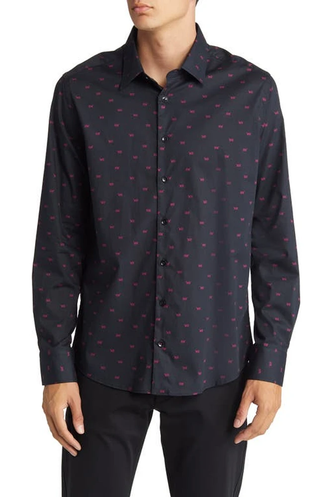 Stone Rose Men's Tiger Print Stretch Cotton Button-Up Shirt Black at Nordstrom,