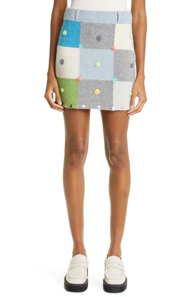 YanYan Floral Appliqué Checkerboard Lambswool Miniskirt Blue/Green at Nordstrom,