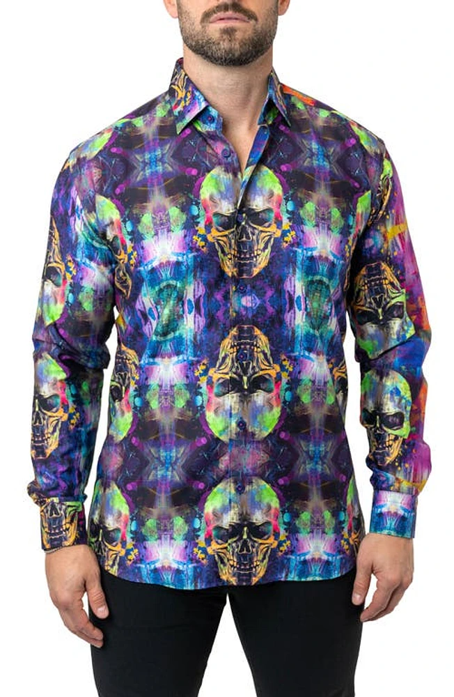 Maceoo Fibonacci Skull Glow Cotton Button-Up Shirt Purple at Nordstrom,