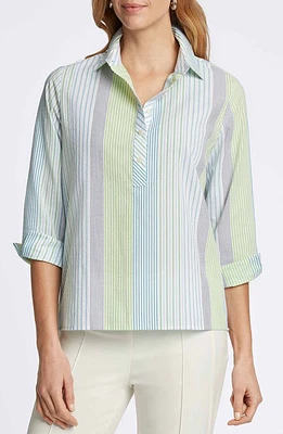 Foxcroft Therese Variegated Stripe Split Back Seersucker Popover Shirt Blue Multi at Nordstrom,