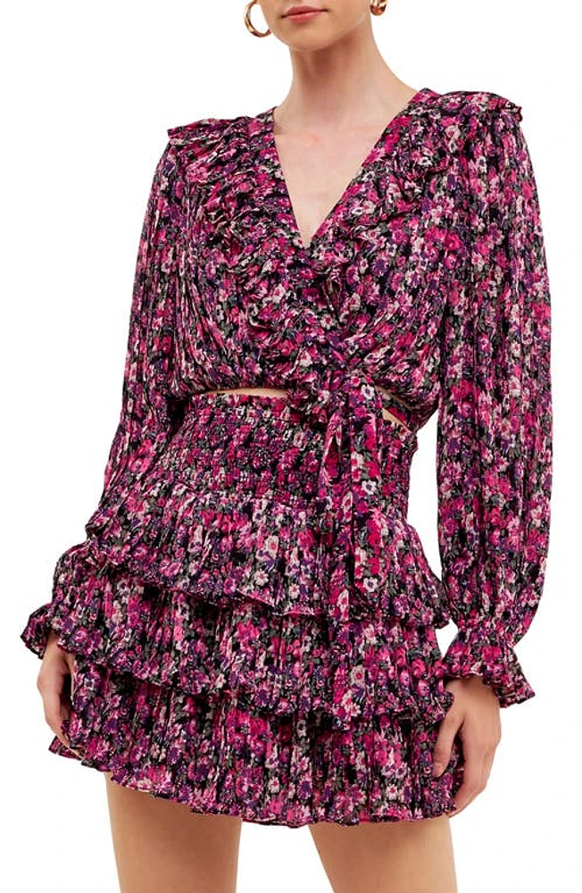 Endless Rose Floral Ruffle Wrap Crop Top Black/Fuchsia at Nordstrom,