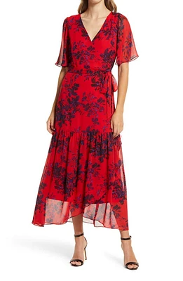 Donna Ricco Floral Faux Wrap Flutter Sleeve Dress Red Multi at Nordstrom,