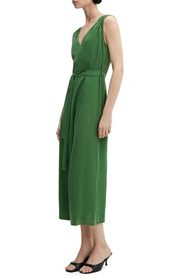 MANGO Belted Linen Blend Jumpsuit Green at Nordstrom,