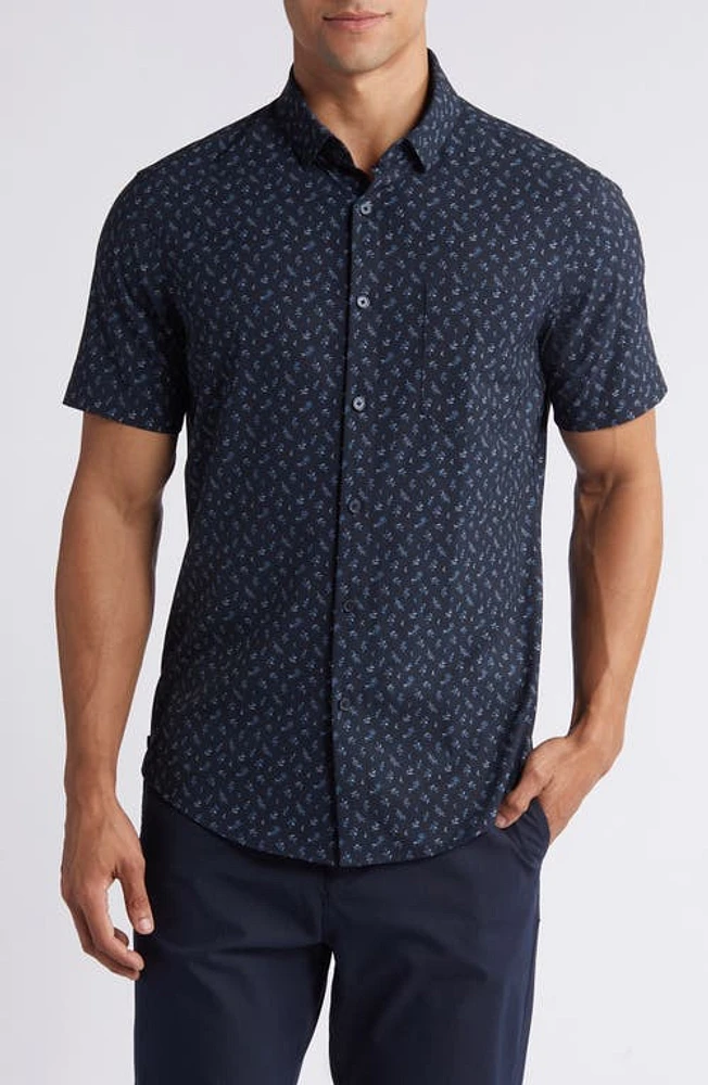 Mizzen+Main Leeward Trim Fit Leaf Print Short Sleeve Performance Button-Up Shirt Navy Multi at Nordstrom,