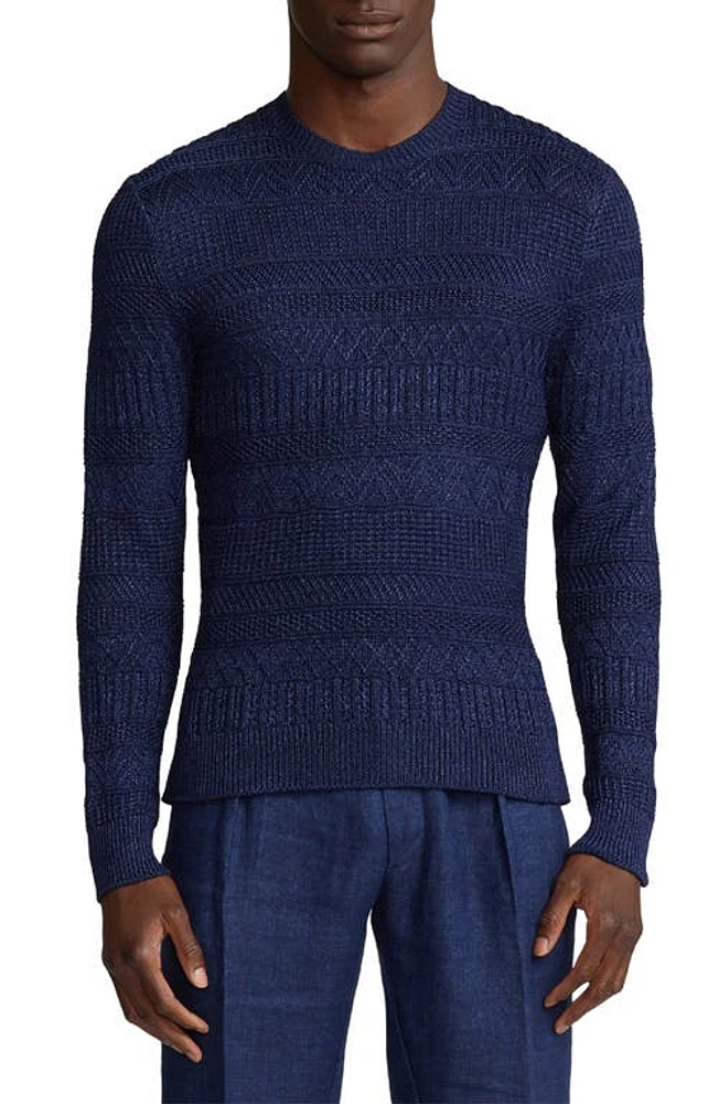 Ralph Lauren Purple Label Mixed Stitch Silk & Cotton Crewneck Sweater Spring Navy Multi at Nordstrom,